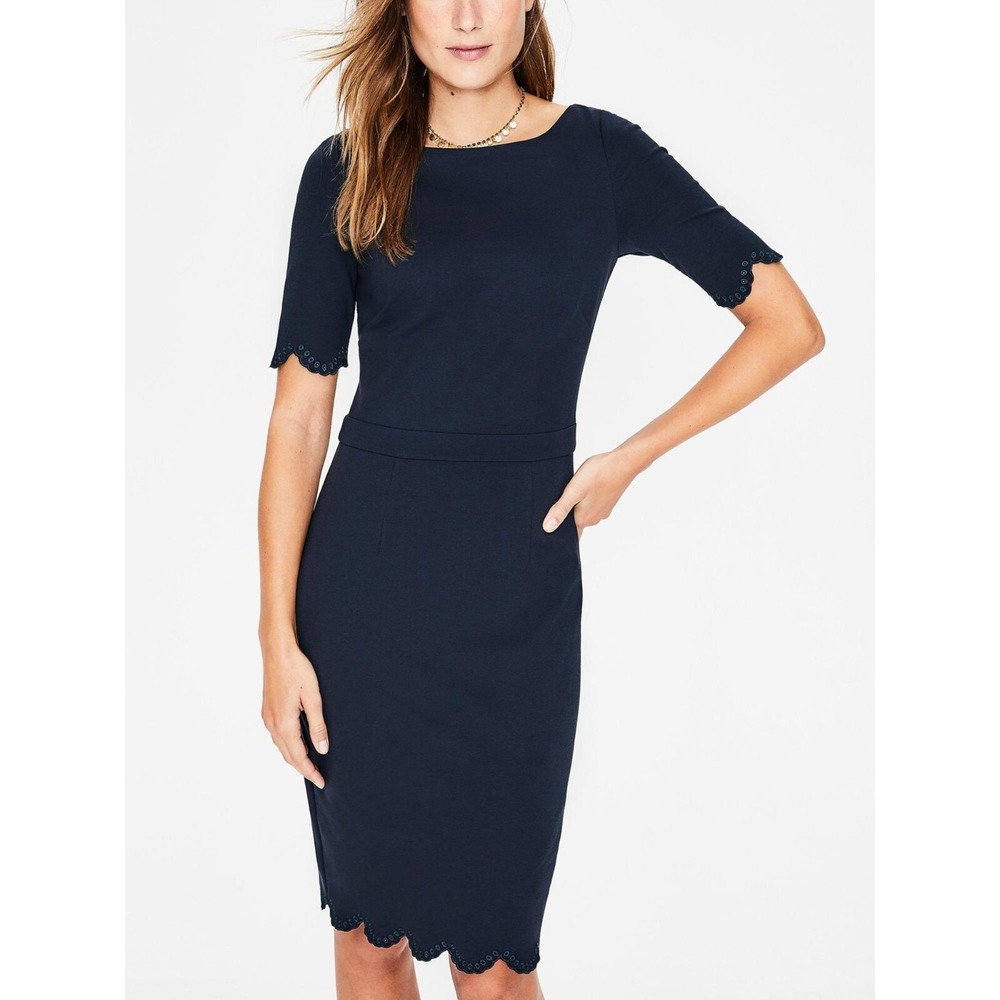 Boden Emma Eyelet Dress‎ Womens 2P Blue Scalloped Hem Sheath Petite NWT